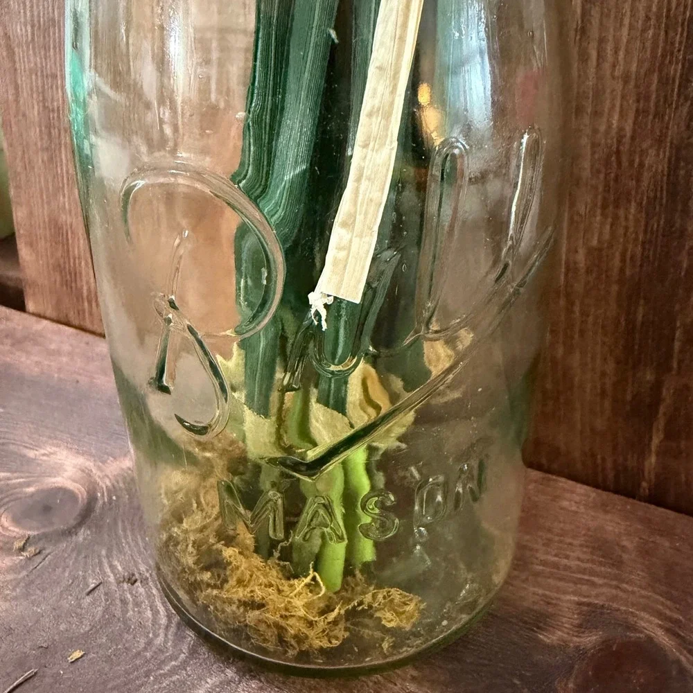 Faux Red Gerbera Daisy Floral Arrangement Vtg Glass Mason Jar Rustic Decor READ